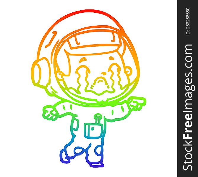 rainbow gradient line drawing of a cartoon crying astronaut