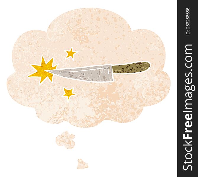 Cartoon Sharp Kitchen Knife And Thought Bubble In Retro Textured Style