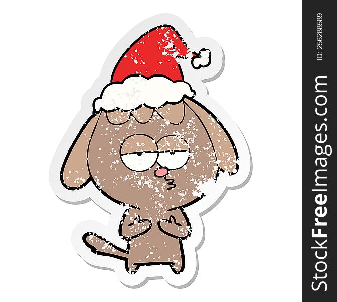 Distressed Sticker Cartoon Of A Bored Dog Wearing Santa Hat
