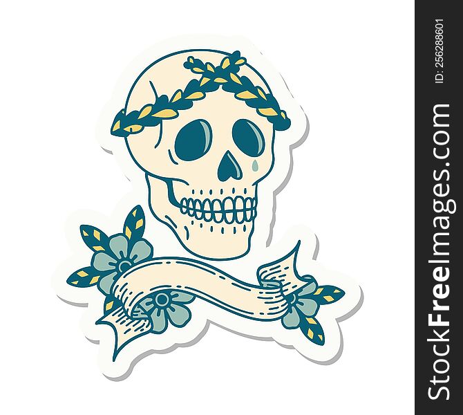 Tattoo Sticker With Banner Of A Skull With Laurel Wreath Crown