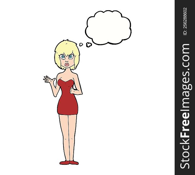 cartoon confused woman in cocktail dress with thought bubble
