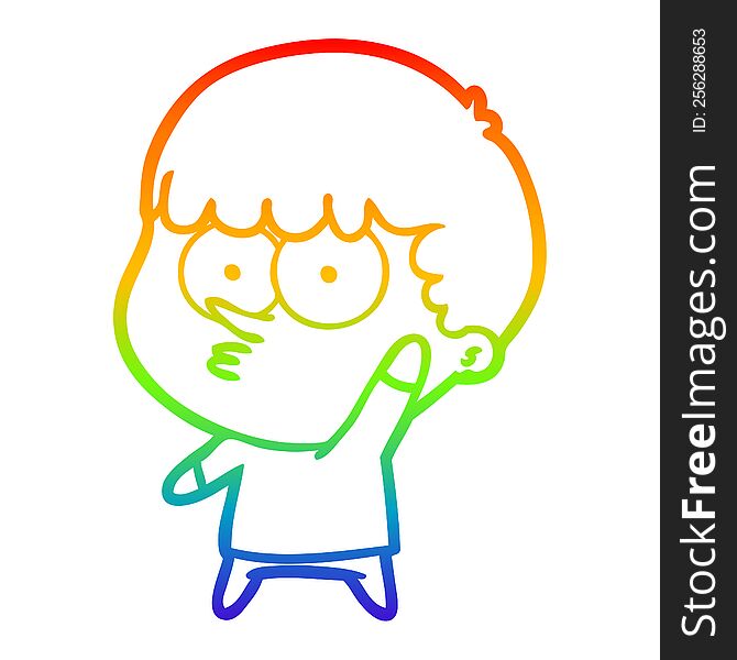 rainbow gradient line drawing of a cartoon curious boy waving