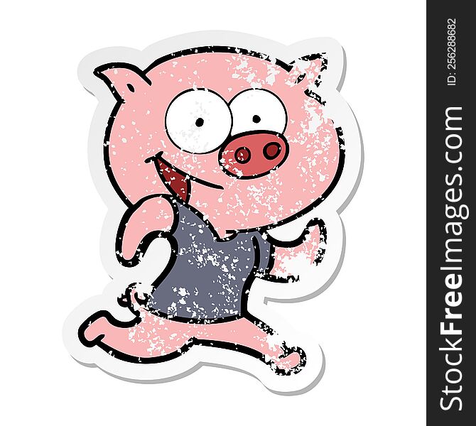 distressed sticker of a cheerful pig exercising cartoon