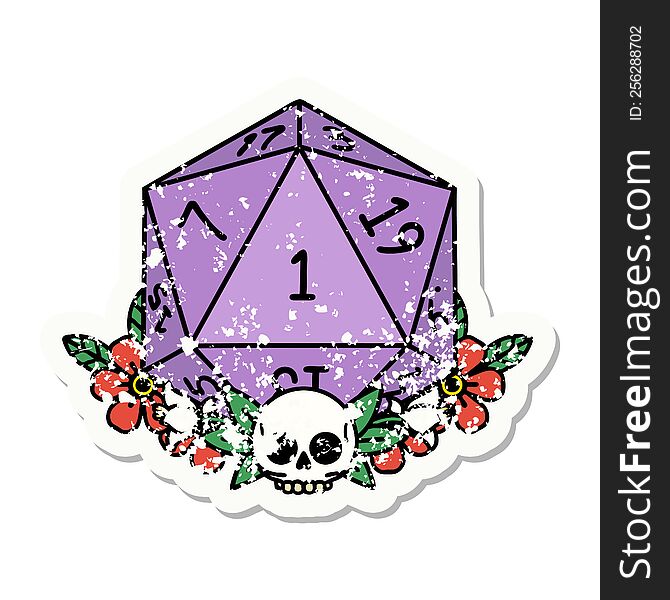 Natural One Dice Roll With Floral Elements Grunge Sticker