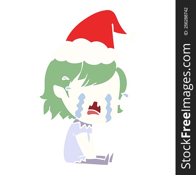Flat Color Illustration Of A Crying Vampire Girl Wearing Santa Hat