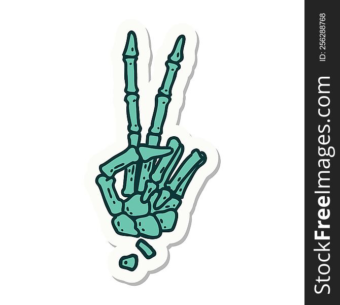 Tattoo Style Sticker Of A Skeleton Hand Giving A Peace Sign