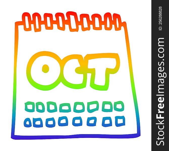 Rainbow Gradient Line Drawing Cartoon Calendar Showing Month Of October