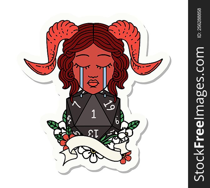 Crying Tiefling With Natural One D20 Roll Sticker