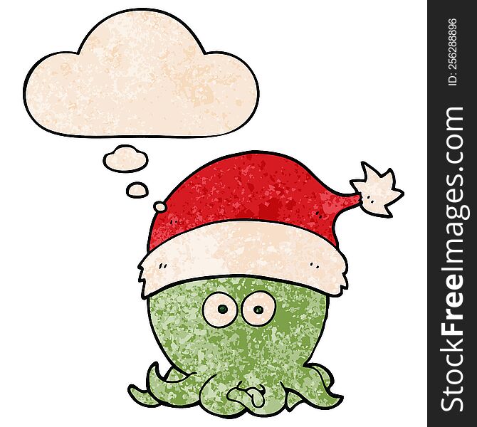 Cartoon Octopus Wearing Christmas Hat And Thought Bubble In Grunge Texture Pattern Style