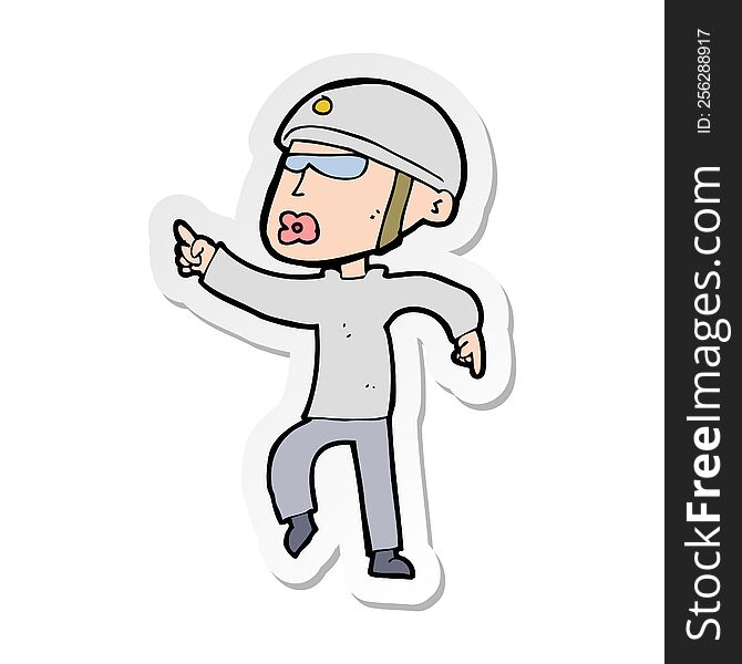 Sticker Of A Cartoon Man In Bike Helmet Pointing