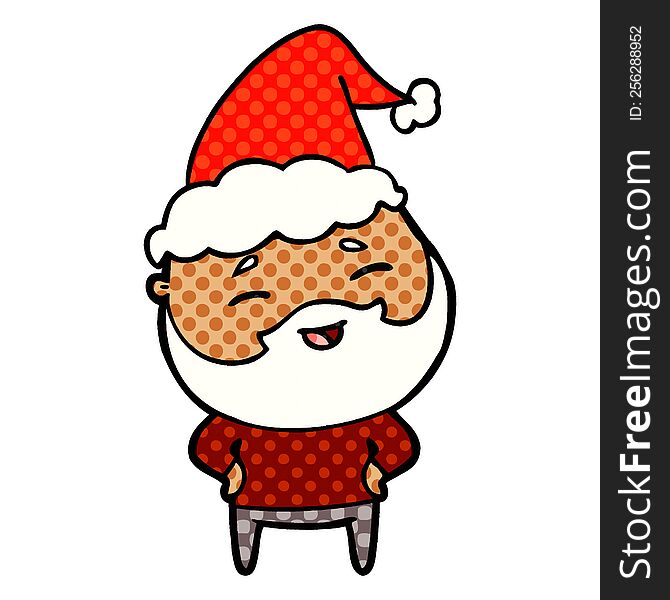 Comic Book Style Illustration Of A Happy Bearded Man Wearing Santa Hat