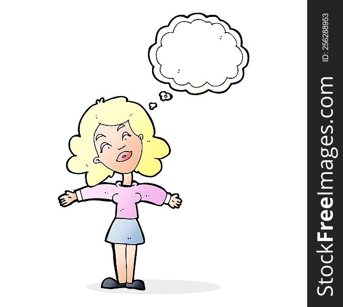 Cartoon Woman With Open Arms With Thought Bubble