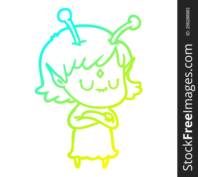 Cold Gradient Line Drawing Cartoon Alien Girl