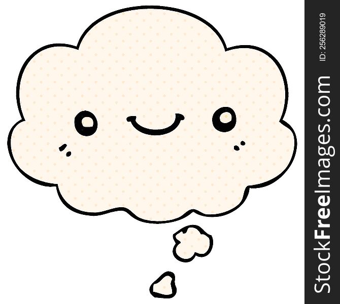 cartoon cute happy face with thought bubble in comic book style