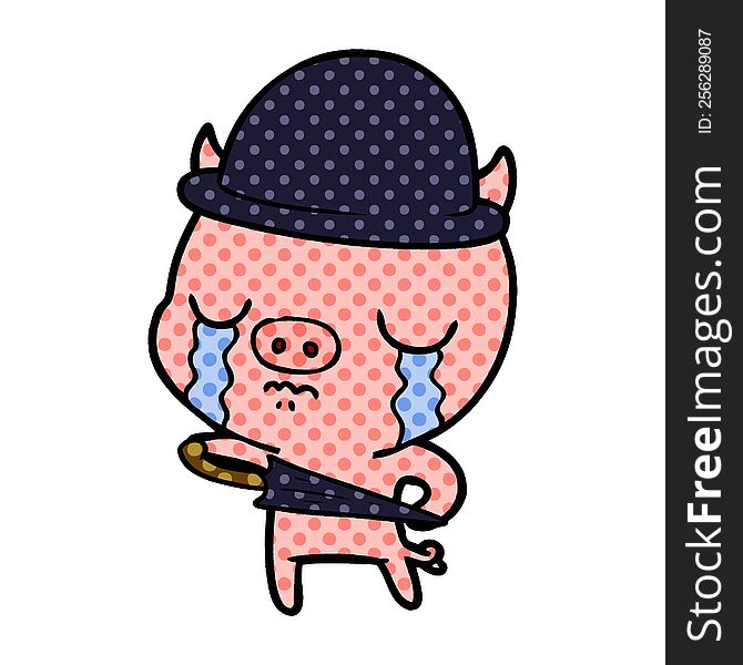 cartoon pig crying wearing business clothes. cartoon pig crying wearing business clothes