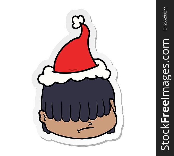 hand drawn sticker cartoon of a face with hair over eyes wearing santa hat