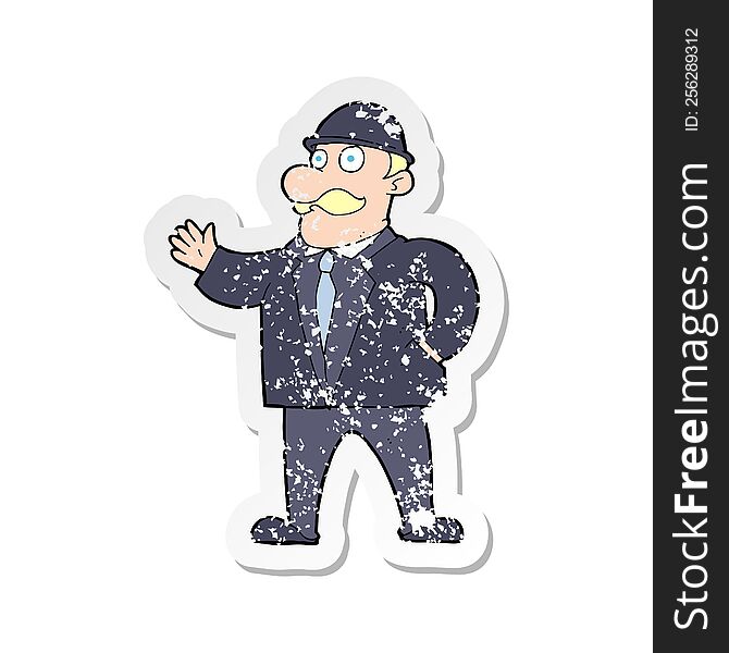 retro distressed sticker of a cartoon sensible business man in bowler hat