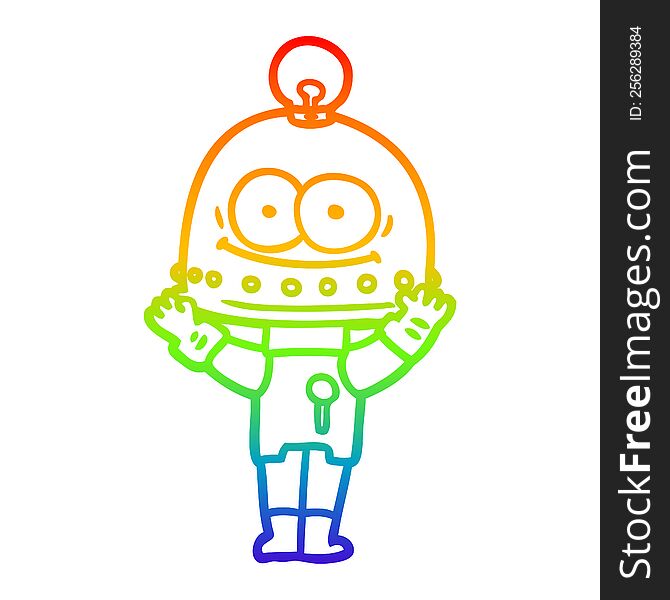 rainbow gradient line drawing of a happy carton robot with light bulb