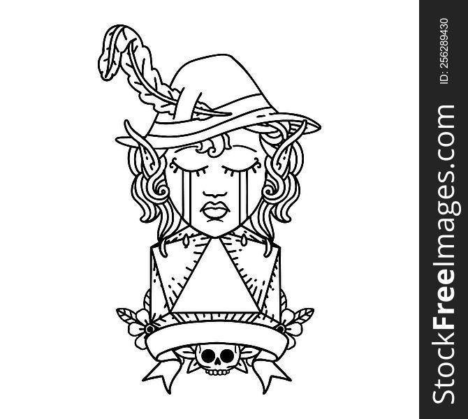 Black and White Tattoo linework Style crying elf bard character with natural one D20 roll. Black and White Tattoo linework Style crying elf bard character with natural one D20 roll