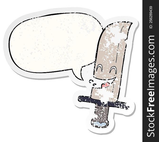 cartoon laughing knife and speech bubble distressed sticker