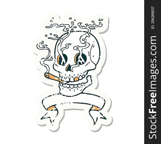 Grunge Sticker With Banner Of A Skull Smoking