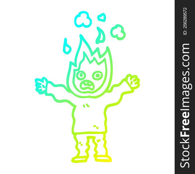 cold gradient line drawing of a cartoon man with head on fire