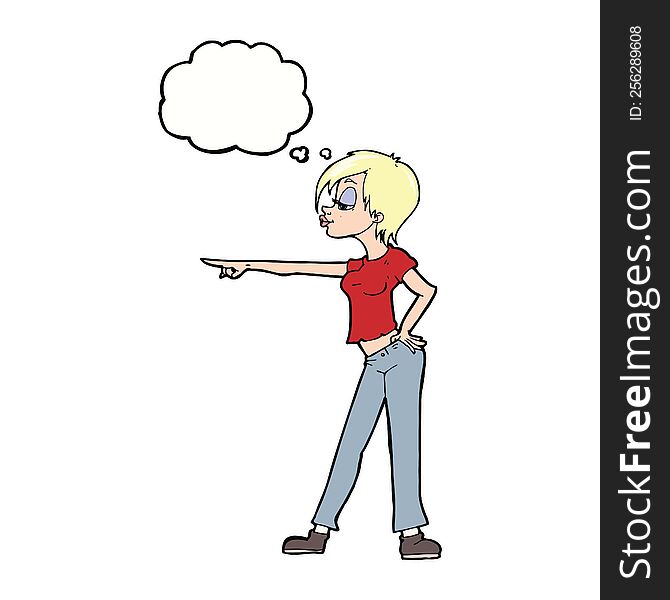 cartoon hip woman pointing with thought bubble