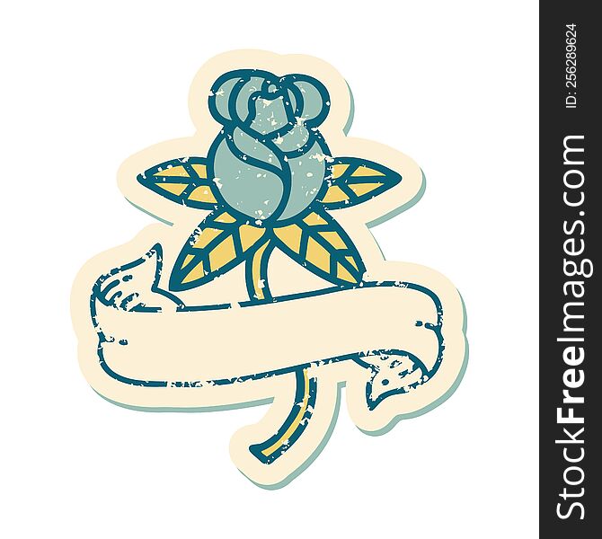 Distressed Sticker Tattoo Style Icon Of A Rose And Banner