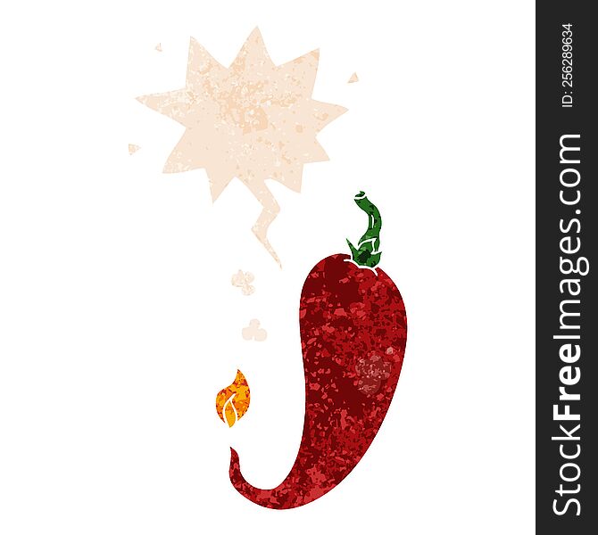 cartoon chili pepper with speech bubble in grunge distressed retro textured style. cartoon chili pepper with speech bubble in grunge distressed retro textured style