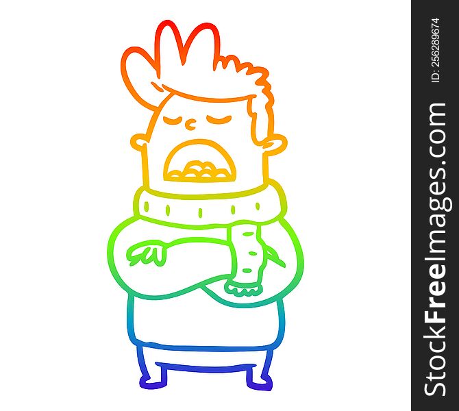 rainbow gradient line drawing of a obnoxious man in winter clothes