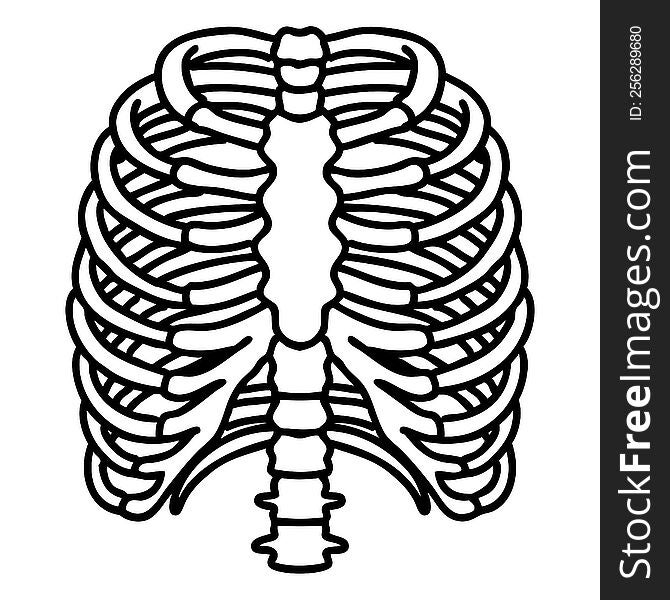 tattoo in black line style of a rib cage. tattoo in black line style of a rib cage