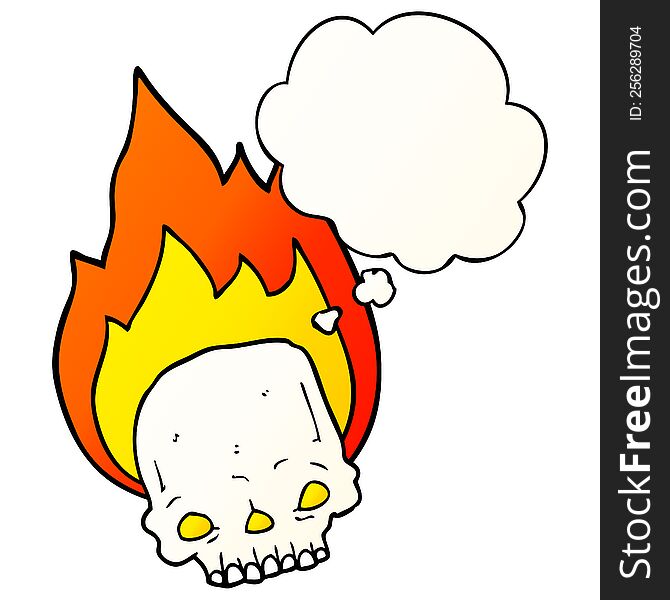 spooky cartoon flaming skull with thought bubble in smooth gradient style