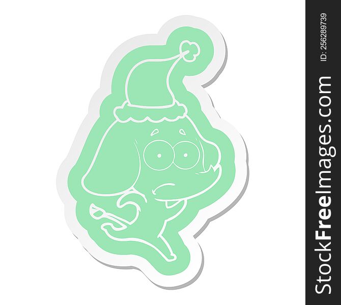 quirky cartoon  sticker of a unsure elephant running away wearing santa hat