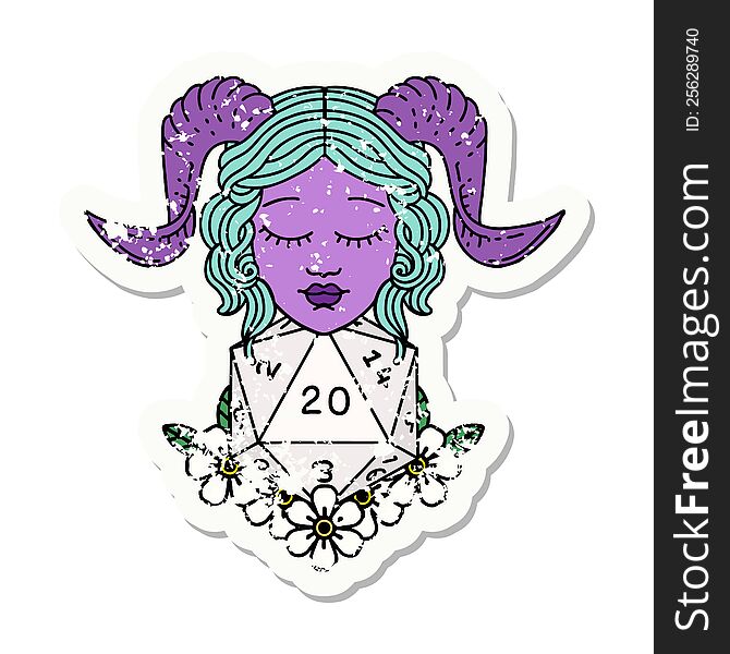 grunge sticker of a tiefling with natural twenty dice roll. grunge sticker of a tiefling with natural twenty dice roll