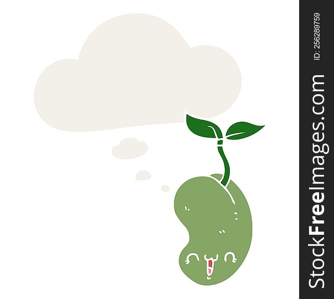 cute cartoon seed sprouting with thought bubble in retro style