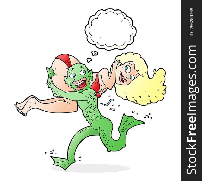 Cartoon Swamp Monster Carrying Girl In Bikini With Thought Bubble