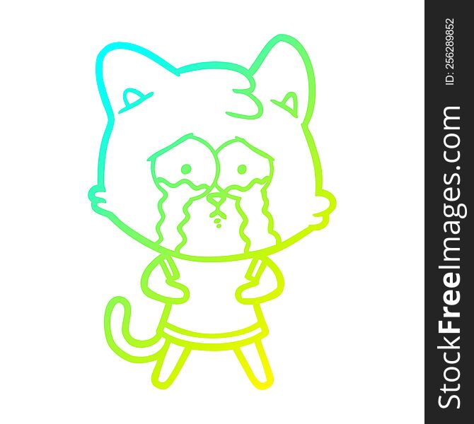 Cold Gradient Line Drawing Cartoon Crying Cat