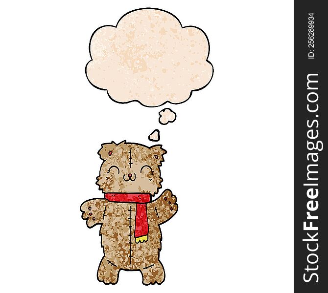 Cartoon Teddy Bear And Thought Bubble In Grunge Texture Pattern Style