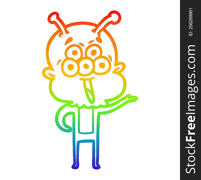 rainbow gradient line drawing of a happy cartoon alien greeting
