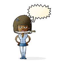 Cartoon Woman With Knife Between Teeth With Speech Bubble Stock Photo