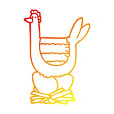 Warm Gradient Line Drawing Cartoon Chicken Sitting On Eggs In Nest Royalty Free Stock Photos