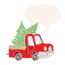 Cartoon Pickup Truck Carrying Christmas Trees And Speech Bubble In Retro Style Royalty Free Stock Photography