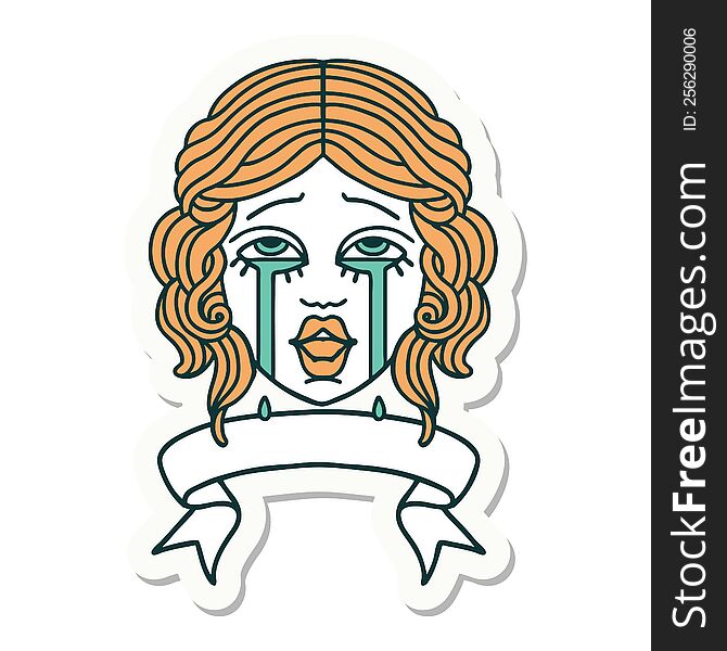 tattoo style sticker with banner of a very happy crying female face