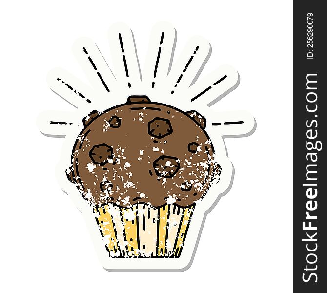 grunge sticker of tattoo style chocolate muffin