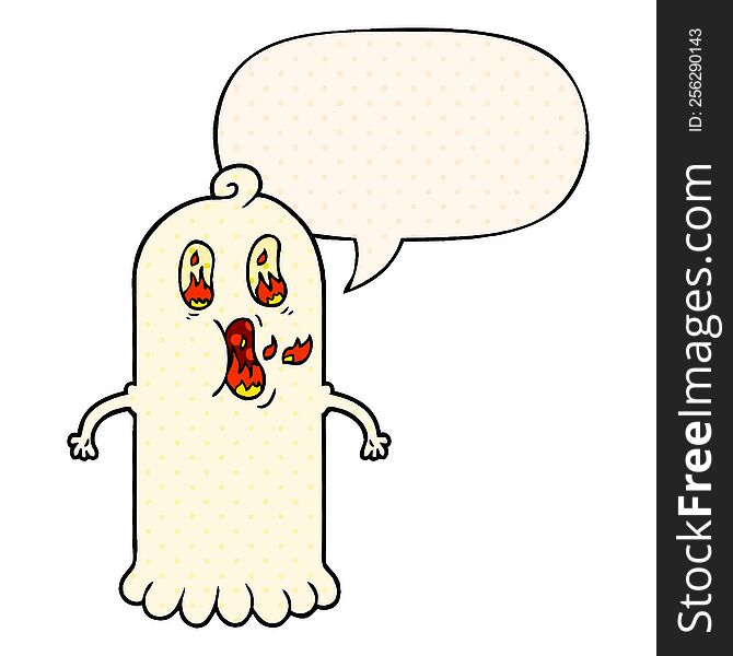 Cartoon Ghost And Flaming Eyes And Speech Bubble In Comic Book Style