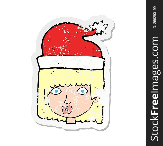 Retro Distressed Sticker Of A Cartoon Woman Wearing Santa Hat