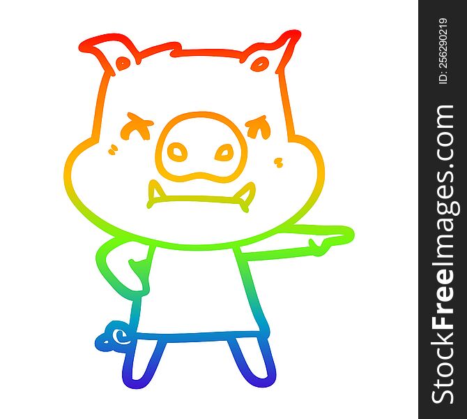 Rainbow Gradient Line Drawing Angry Cartoon Pig In Dress Pointing