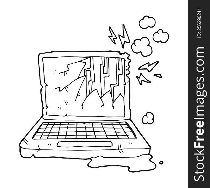 freehand drawn black and white cartoon broken computer