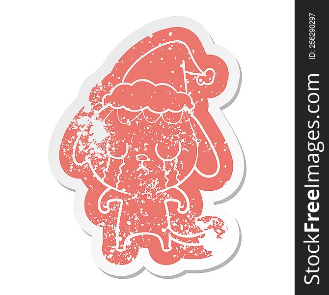 cute quirky cartoon distressed sticker of a dog crying wearing santa hat