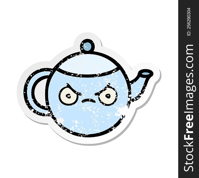 Distressed Sticker Of A Cute Cartoon Angry Tea Pot